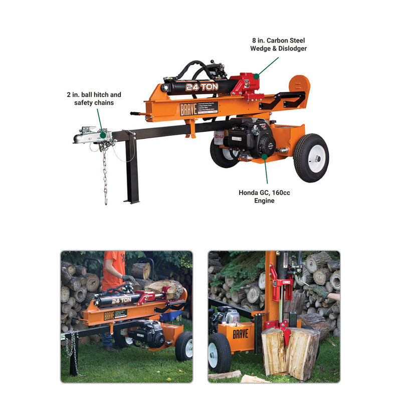 Brave Horizontal / Vertical Tow-Behind Log Splitter Series | 24-Ton, 30-Ton ,37-Ton | Honda Engines
