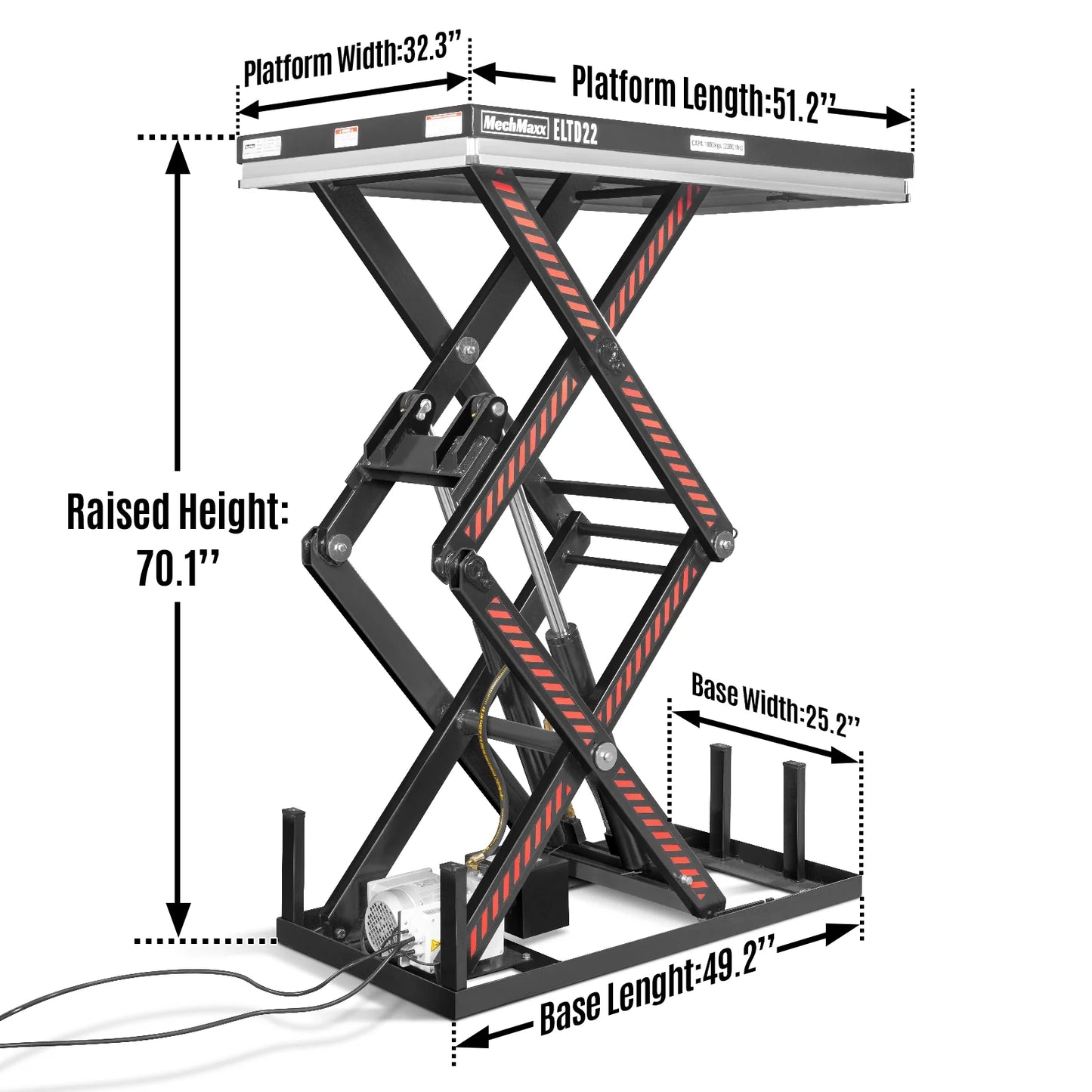 2200 lbs Capacity Stationary Electric Hydraulic Double Scissor Lift Table – 51.2" x 32.3" Platform, 70.1" Lift Height, UL Certified Motor, ELTD22