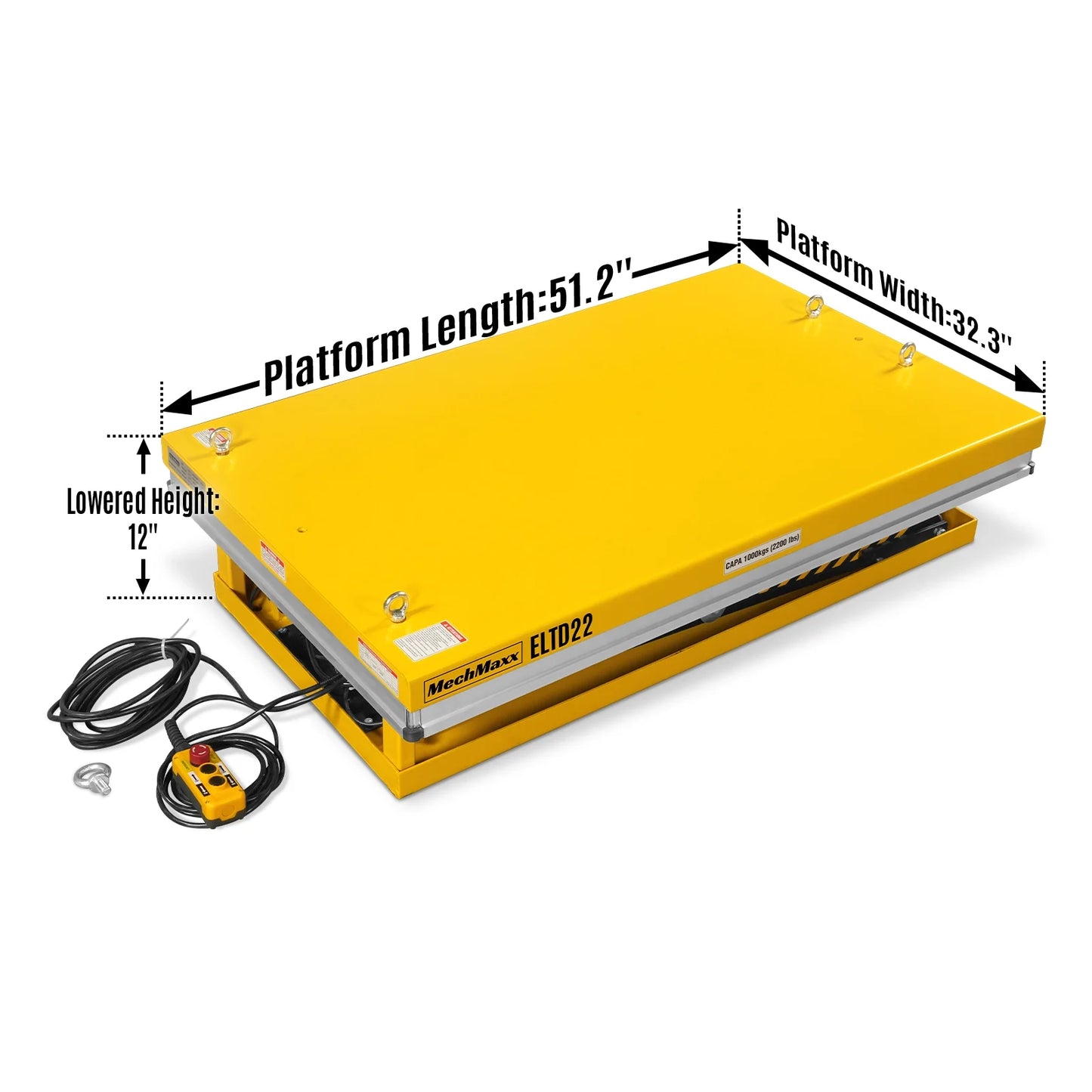 2200 lbs Capacity Stationary Electric Hydraulic Double Scissor Lift Table – 51.2" x 32.3" Platform, 70.1" Lift Height, UL Certified Motor, ELTD22