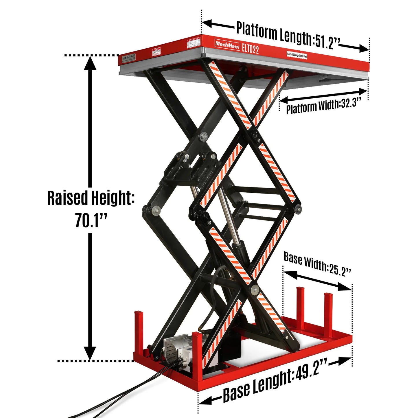2200 lbs Capacity Stationary Electric Hydraulic Double Scissor Lift Table – 51.2" x 32.3" Platform, 70.1" Lift Height, UL Certified Motor, ELTD22