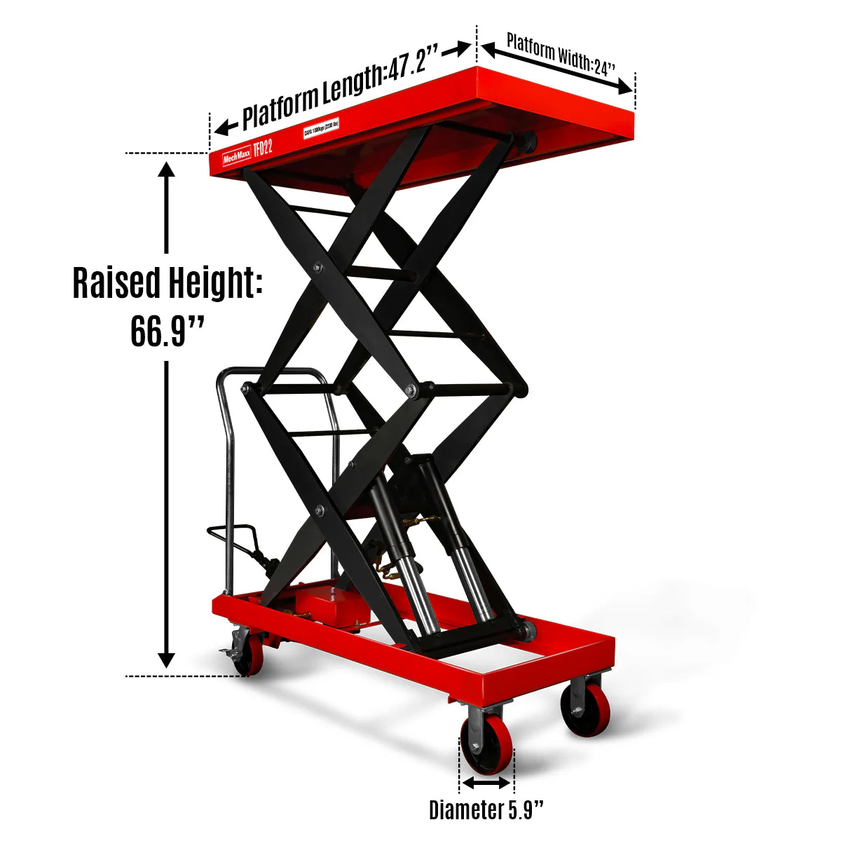 Mobile Double Scissor Lift Table Cart 2200lbs Capacity, Platform Size, 47.2” x 24”, Height 66.9” , TFD22