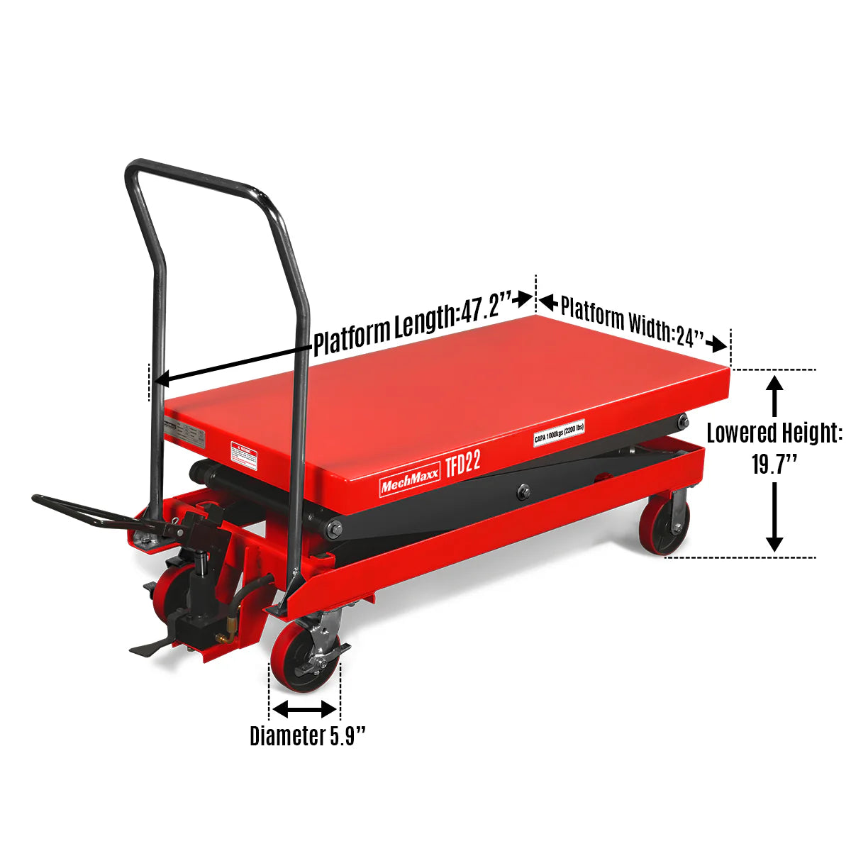Mobile Double Scissor Lift Table Cart 2200lbs Capacity, Platform Size, 47.2” x 24”, Height 66.9” , TFD22